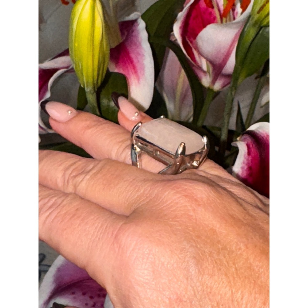 Large Rectangular Rose Quartz Statement Ring Silv… - image 3